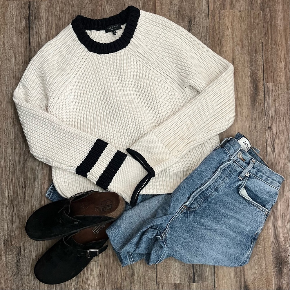 Rag & Bone Chunky Knit Greer Pullover Sweater Women’s M Ivory/Black Stripe Crew - Picture 2 of 13